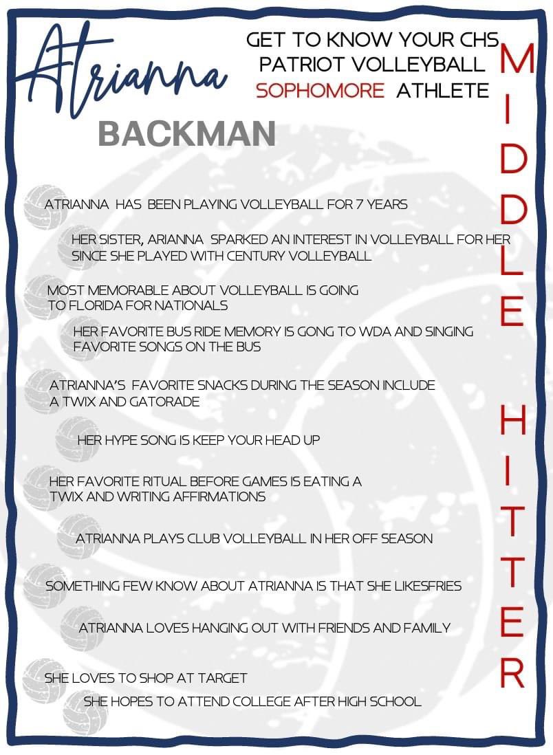 ❤️🏐💙
Get to know your CHS Patriot Volleyball Athlete
ATRIANNA BACKMAN
🏐 Daughter of Tom &amp; Shellae Backman
🏐 Atrianna's advice to future volleyball players? 'Always have confidence in yourself and your teammates!'

#rollpats
#chsnewteamsamedream