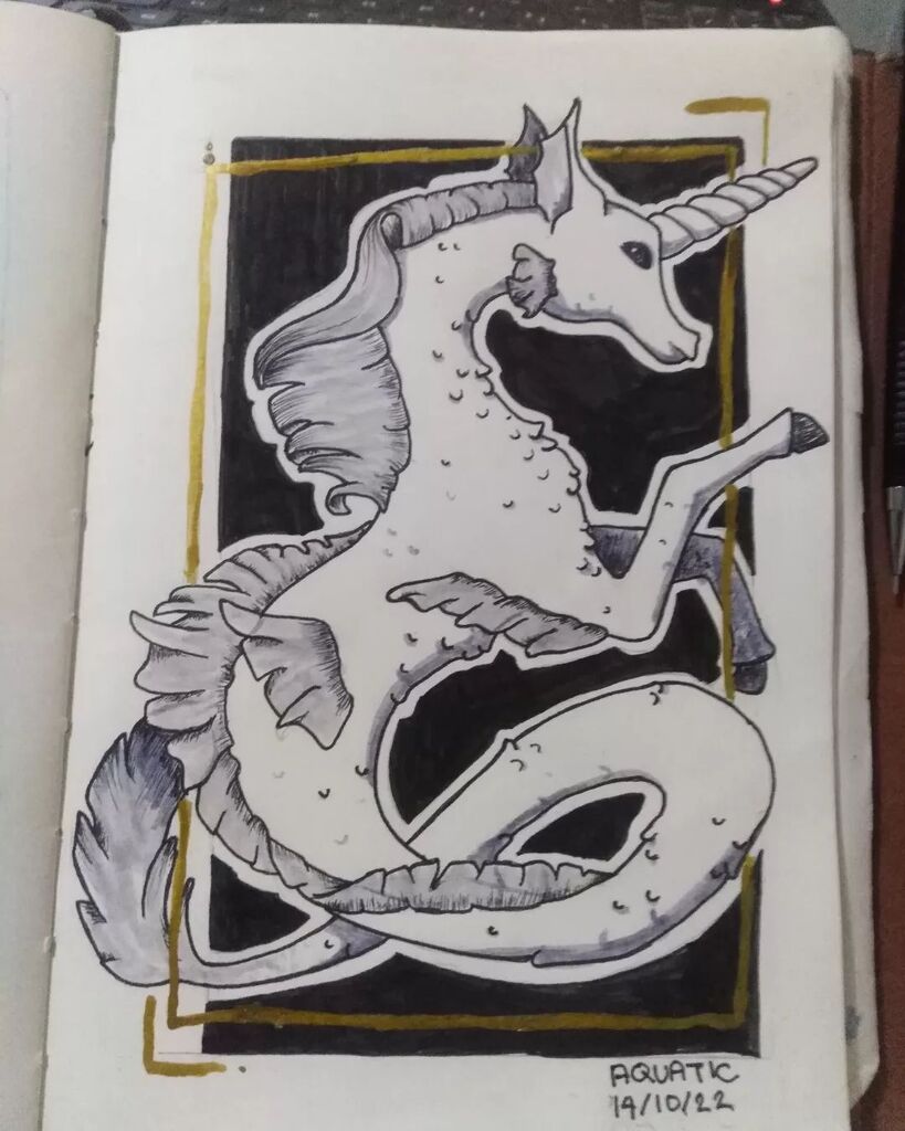 jadvin_art's tweet photo. Day 14 of #creachertober aquatic. This is a sea unicorn you can find them in the ocean.

#octoberillustration #dailyillustration #inkdrawing #magicillustration #drawingbook https://t.co/UDpQl8fls6 https://t.co/RK2eFljWOW