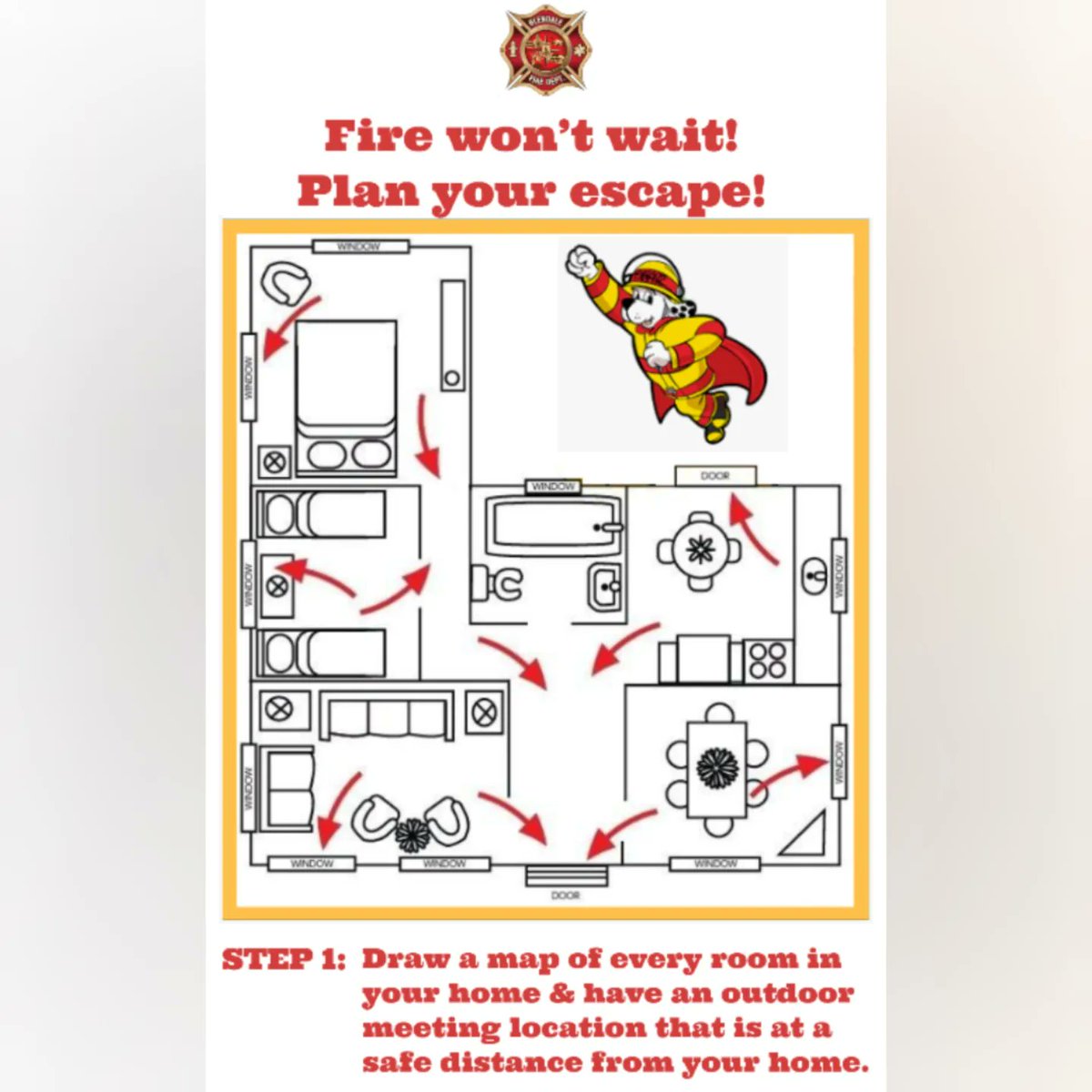 GlendaleFireCA's tweet image. This October is the 100th anniversary of Fire Prevention Week! Please join us in celebrating by renewing your commitment to fire safety &amp;amp; preparedness! Follow these 4 steps to develop a home escape plan. Thank you to all of our Fire Prevention team professionals! #mygfd