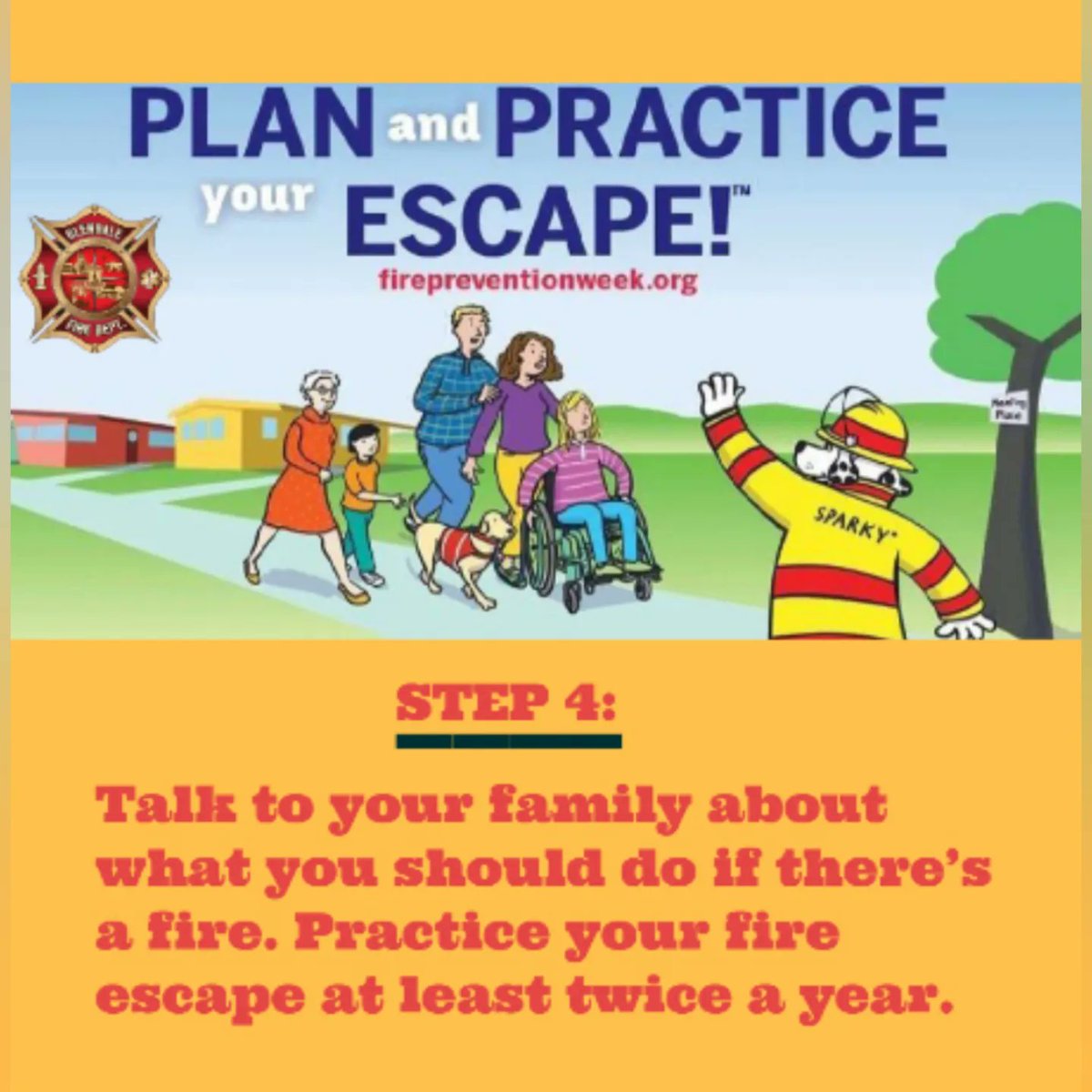 GlendaleFireCA's tweet image. This October is the 100th anniversary of Fire Prevention Week! Please join us in celebrating by renewing your commitment to fire safety &amp;amp; preparedness! Follow these 4 steps to develop a home escape plan. Thank you to all of our Fire Prevention team professionals! #mygfd
