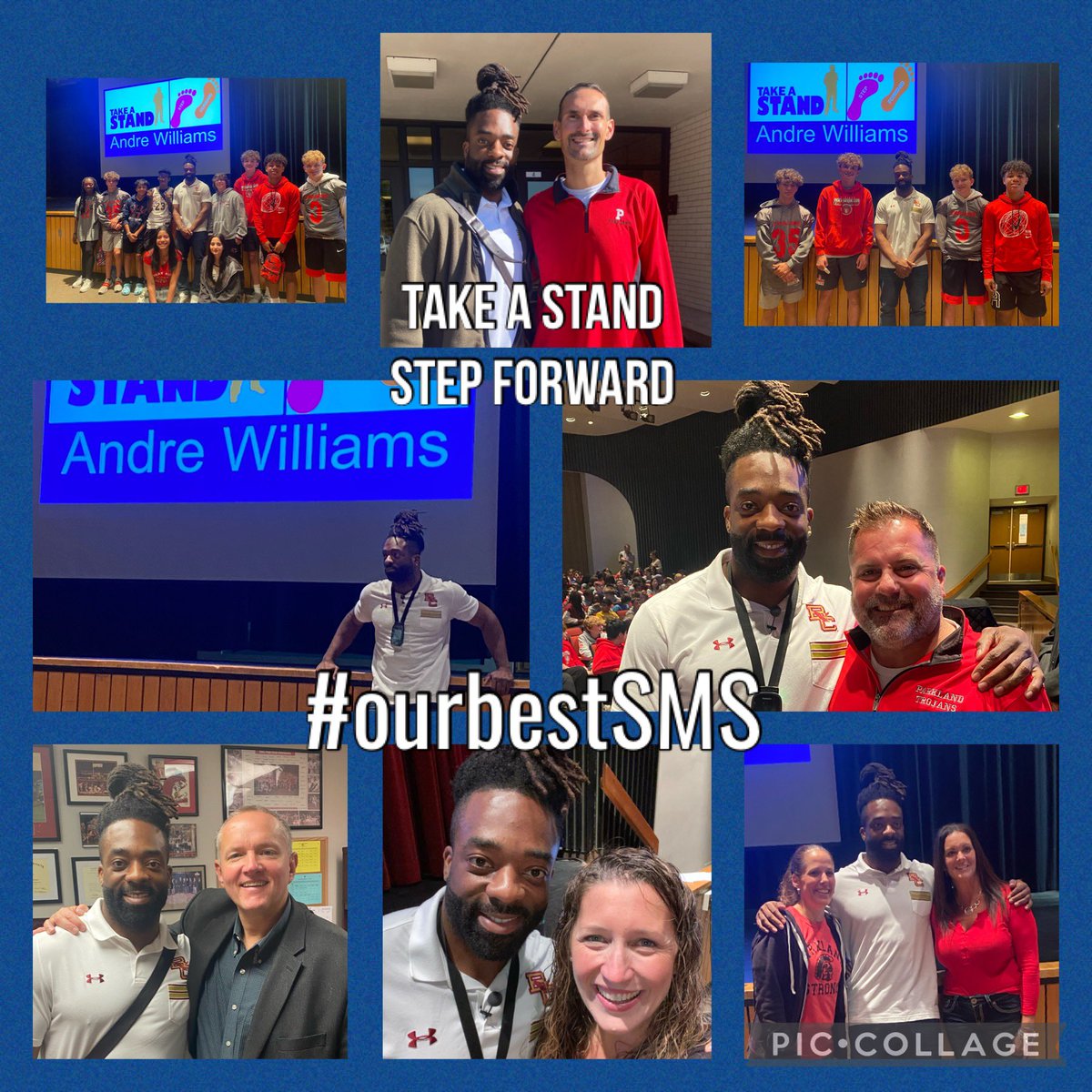 PlattnerTerri's tweet photo. We were so excited to welcome Andre Williams @drewill44 to SMS to inspire our @SpringhouseMS students to Take a Stand and Step Forward against bullying! #ourbestSMS #parklandpride https://t.co/hpPI83fsI8