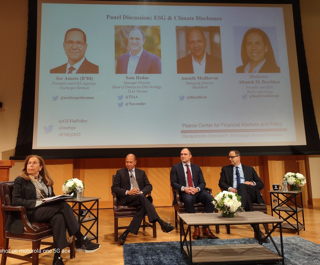 GuFinProf's tweet photo. Joe Amato @neubergerberman:  Europe's #SFDR creates a double materiality standard, both financial relevance and ESG relevance. This is a massive regulatory thrust. @GUFinPolicy #FMQ2022 @ProfAggarwal https://t.co/PobG52WZV7