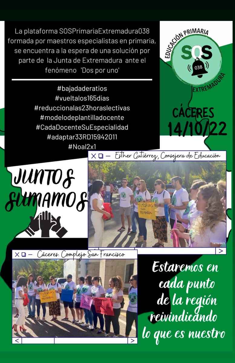 Seguimos luchando por nuestros derechos💪🏻 
#BajadaDeRatios
#VueltaDeLos165dias
#Reduccion23HorasLectivas
#ModelodePlantillaDocente
#CadaDocenteSuEspecialidad
 #adaptar33RD15942011 
#Noal2x1 
#PrimariaResiste 
<a href="/GFVara/">Guillermo Fdez Vara</a> <a href="/EstherGMoran/">Esther Gutiérrez</a> 
<a href="/famayaf/">FranAmaya</a> <a href="/luzseijo/">M Luz Martínez Seijo</a> <a href="/Junta_Ex/">Junta de Extremadura</a>