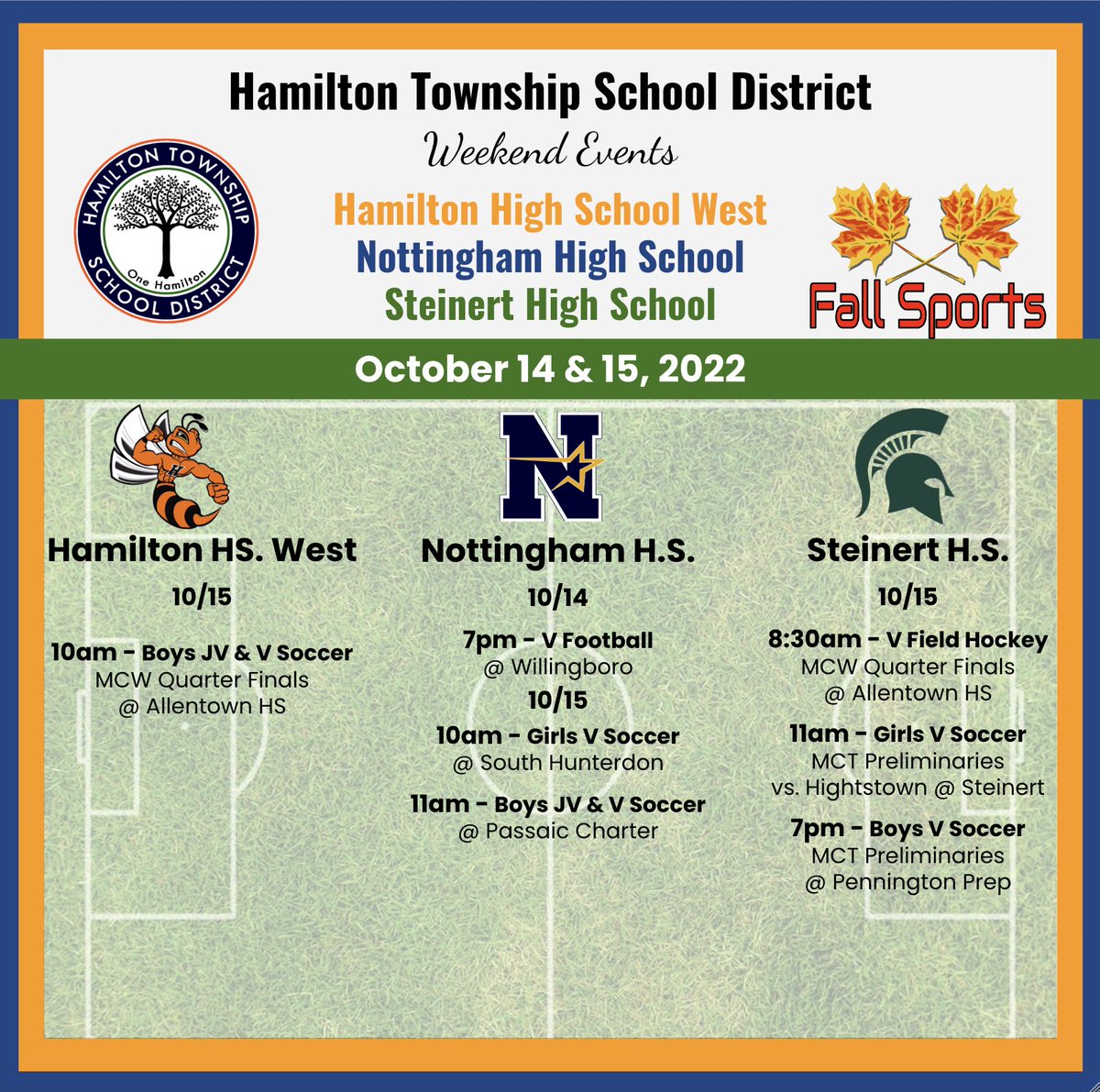 📣 TODAY in Hamilton! Weekend Sporting Events ⚽️🏈 🏑 🥁 @ScottRRocco @HTSDSecondary @HTSD_Nottingham @HTSD_Steinert @HTSD_West @LauraGeltch @HamiltonTwpNJ @BigDawgAD @NorthstarsAD @HHW_Athletics #HTSD #HTSDpride