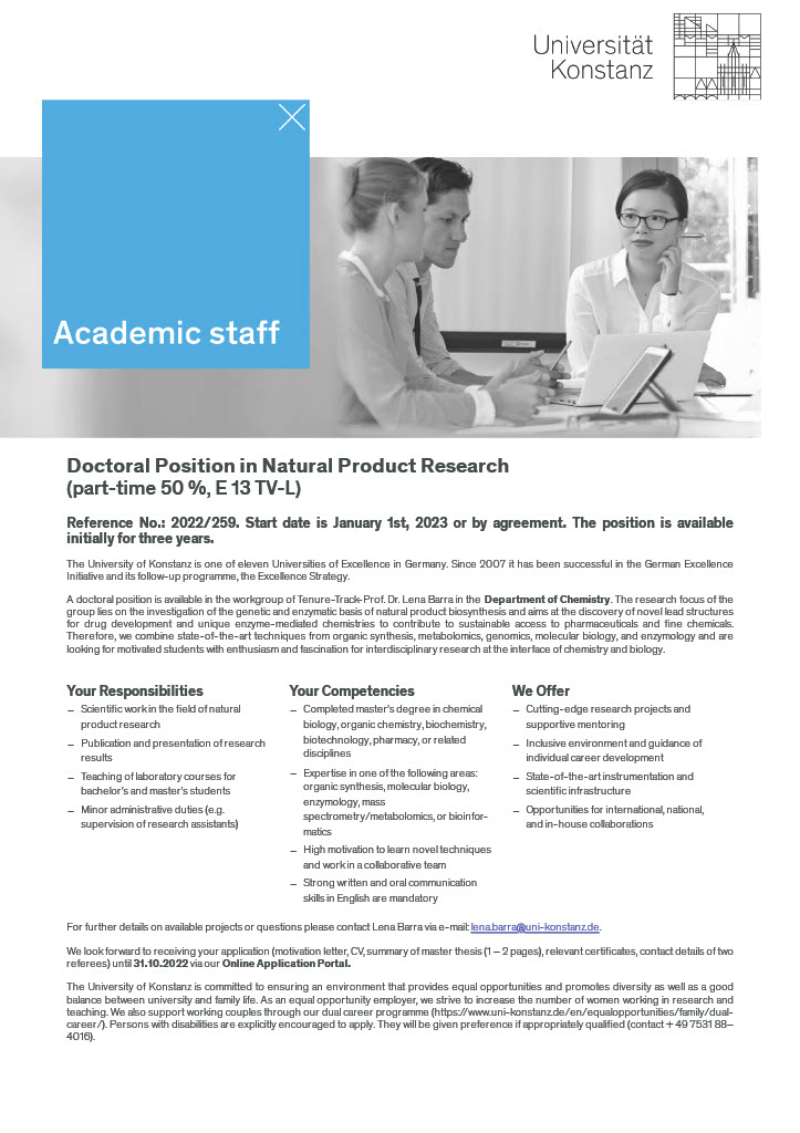 barra_lena's tweet photo. Hi ScienceTwitter, we have a fully funded PhD position available! Apply if you want to join us in exploring the hidden enzyme chemistry of non-canonical natural product pathways! @UniKonstanz  https://t.co/mqj8EEf2QX #PhDposition
Retweets highly appreciated. https://t.co/KVpjg4DL6Z