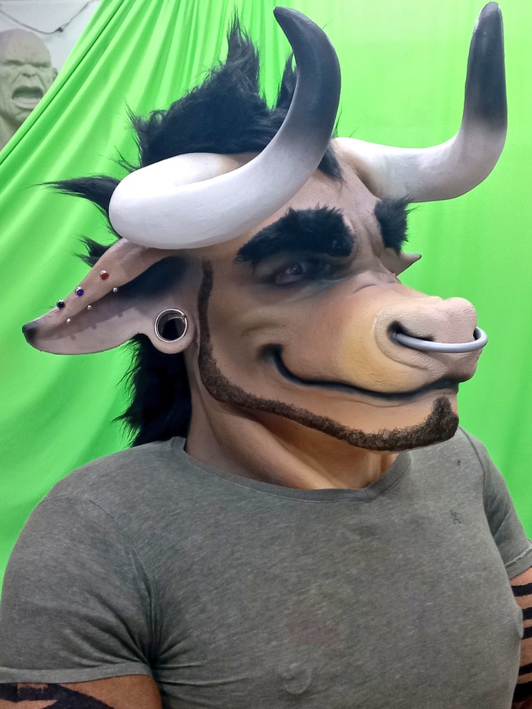 AnimaFXIntl's tweet photo. Absolutely in love with how he turned out! 

Full body bull fursuit, with use your own eyes (UYOE) mask in polyurethane and foam latex, with muscle body in spandex and high density foam rubber, and outer body in fleece with airbrushing and acryllic paint for the tattoos. https://t.co/E6Zjq4T8LE