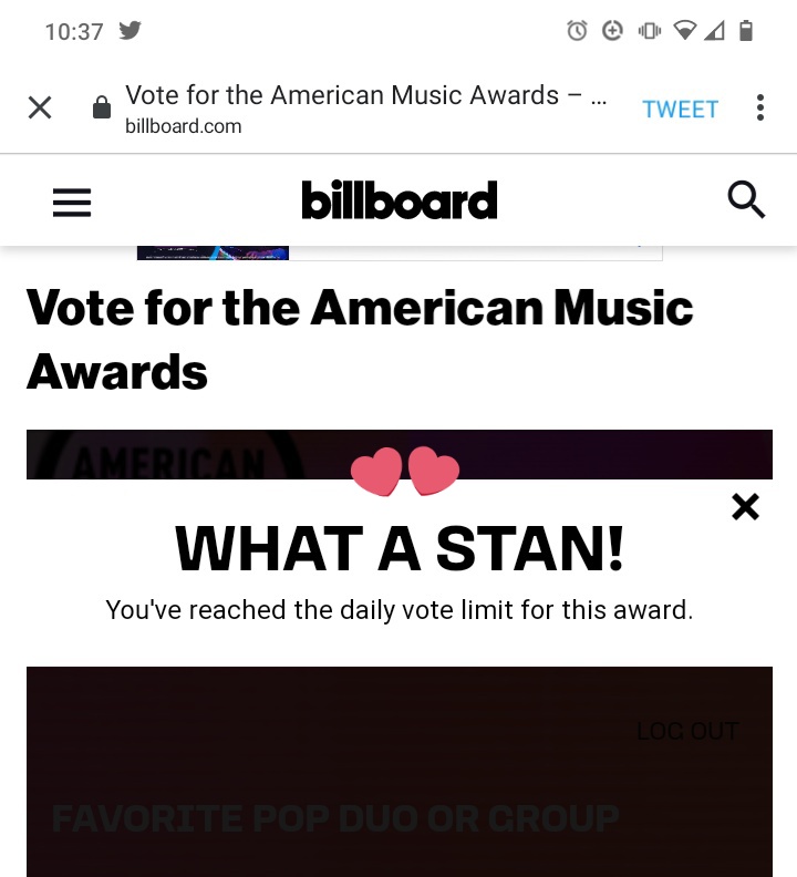 jiminievenus's tweet photo. — Voten por BTS en los AMAs categoría "Duo/Grupo Pop Favorito", son 22 votos por twitter &amp; 22 votos por página web, dejen sus capturas ♡

🔗 (https://t.co/CPd1MBwUgF)

+ I'm voting for BTS (@BTS_twt) for Favorite Pop Duo or Group at the #AMAs https://t.co/3O2064FS78