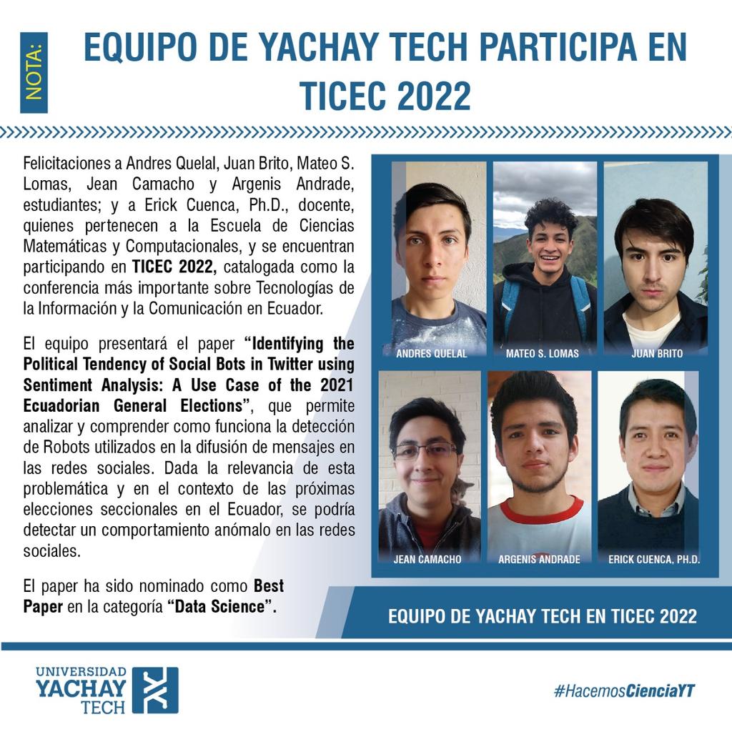 Universidad Yachay Tech (@uniyachaytech) on Twitter photo #Nota|🛑 Estudiantes de la Escuela de <a href="/MateCompYT/">Escuela Ciencias Matemáticas y Computacionales YT</a> se encuentran participando en el #TICEC2022 catalogada como la conferencia más importante sobre Tecnologías de la Información y Comunicación en el Ecuador. #SomosYachayTech 🔝📕📔📈📚👌 #Nota|🛑 Estudiantes de la Escuela de <a href="/MateCompYT/">Escuela Ciencias Matemáticas y Computacionales YT</a> se encuentran participando en el #TICEC2022 catalogada como la conferencia más importante sobre Tecnologías de la Información y Comunicación en el Ecuador. #SomosYachayTech 🔝📕📔📈📚👌