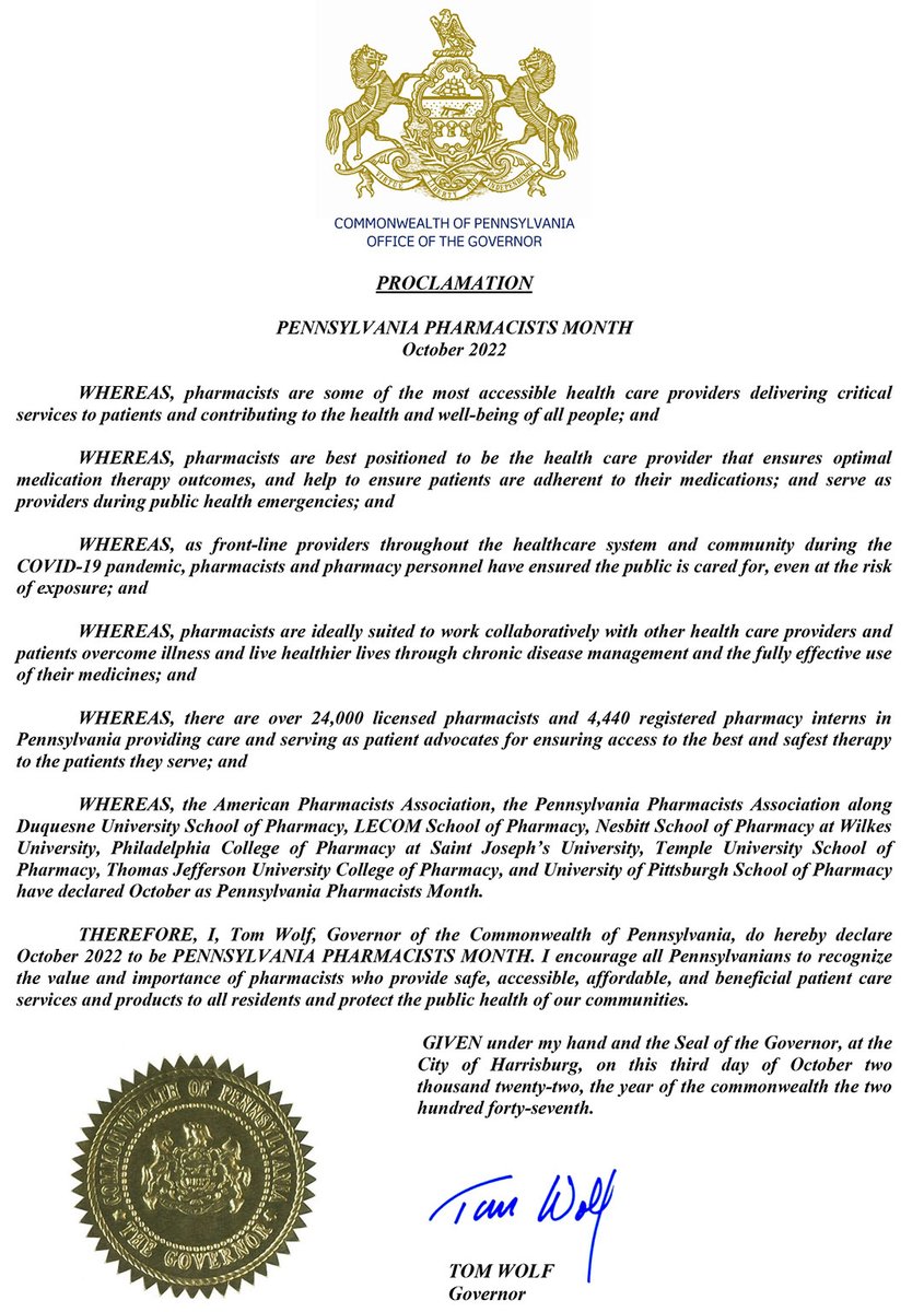 PAPharmacists's tweet photo. Thank you @GovernorTomWolf @GovernorsOffice  for issuing a Proclamation for Pennsylvania Pharmacists Month recognizing the important role that PA #pharmacists &amp; #pharmacytechs play in the healthcare system, patients lives &amp; communities.  #APhm2022 #pharmacists https://t.co/mrvD48XyFf