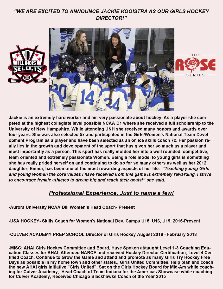 IllinoisSelects (@ilselectshockey) on Twitter photo WE WELCOME OUR NEW GIRLS HOCKEY DIRECTOR JACKIE KOOISTRA! GREAT ADDITION TO OUR ELITE STAFF! <a href="/the_roseseries/">the ROSE series</a> <a href="/jackattac9/">Jackie Wedster</a> @biosteelnextgenseries #ilselectshockey #chicagogirlshockey WE WELCOME OUR NEW GIRLS HOCKEY DIRECTOR JACKIE KOOISTRA! GREAT ADDITION TO OUR ELITE STAFF! <a href="/the_roseseries/">the ROSE series</a> <a href="/jackattac9/">Jackie Wedster</a> @biosteelnextgenseries #ilselectshockey #chicagogirlshockey