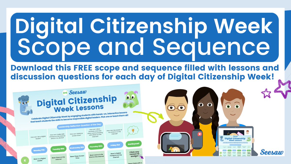Seesaw's tweet photo. Celebrate #DigitalCitizenshipWeek with this FREE Toolkit that includes:
๐ป A FULL scope and sequence filled with ready-to-go Lessons
๐ฒ Digital Leader Video
๐ฅ Printable Posters
โ๏ธ And more!
Grab it here: https://t.co/ouxesKtl9n
#Seesaw #SeesawLessons https://t.co/9YkfLEeG8I
