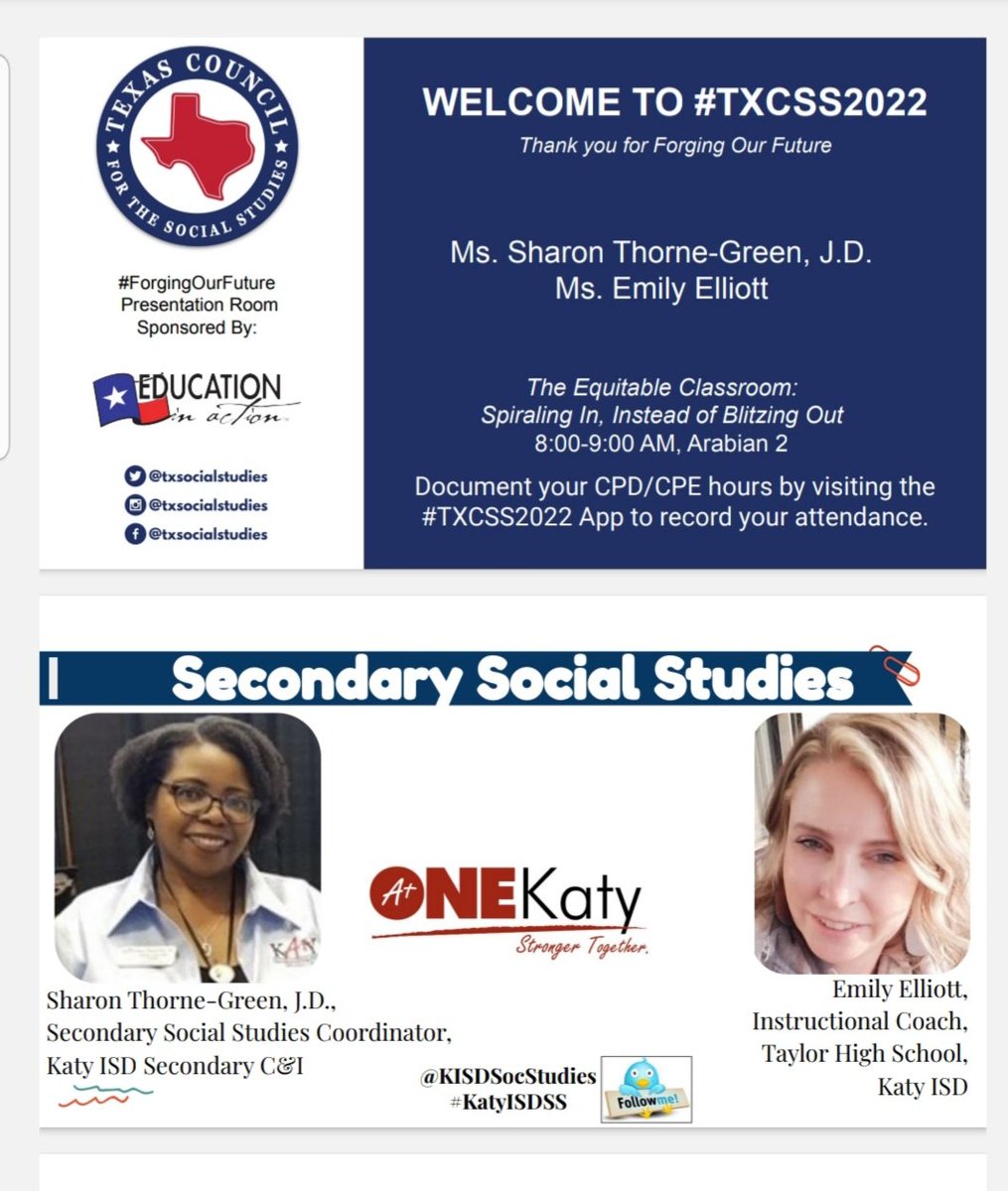 Join us Sat. at the <a href="/TXCSS/">TCSS</a> Conference for our session, The Equitable Classroom: Spiraling In, Instead of Blitzing Out. We are excited to share with you. Time: 8am; Room: Arabian II. #TXCSS2022 #katyisdss #SecCI <a href="/MsEmilyEElliott/">Ms. Emily Elliott</a>