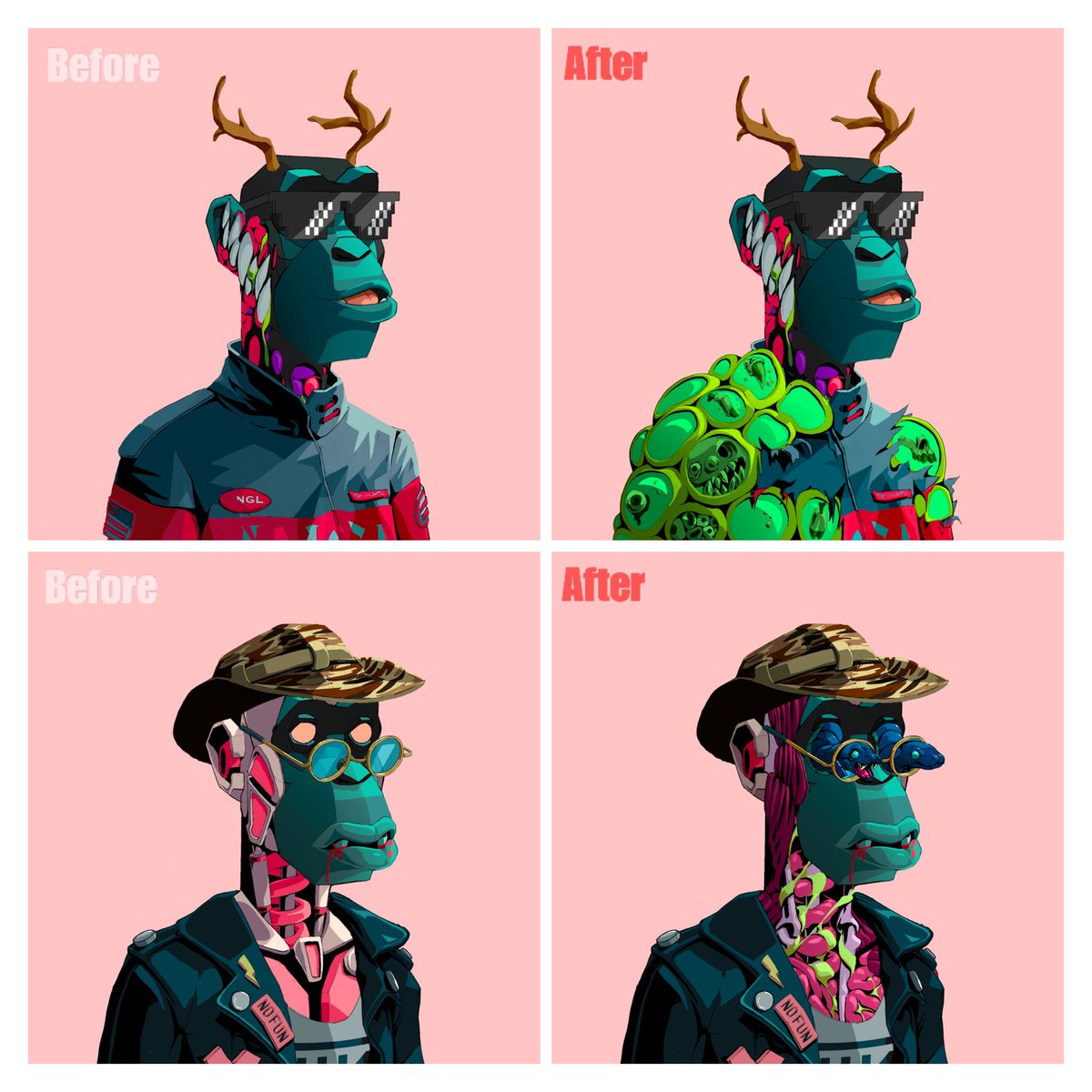 colman1312's tweet photo. 2/5 toxification completed and it just gets better! @Primatesnft is just on another level of experience! After the 5th stage there will be other artists collab to evolve our apes into even cooler traits! Merch is available soon too!! Stoked! #BullishAF https://t.co/TcOzBBPdCT