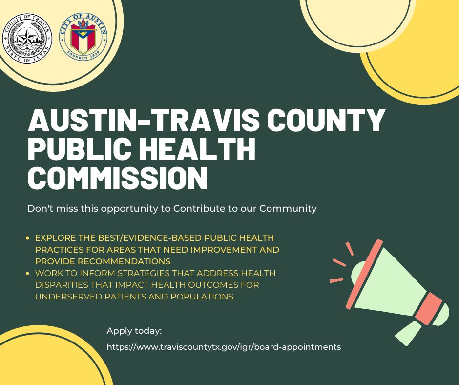 TravCo_IGR's tweet photo. @austintexasgov and @TravisCountyTX are seeking applications to serve on the Austin-Travis County Public Health Commission

For further info on the board and an application, please visit: https://t.co/nI6i350kLk 

⏰The deadline to submit an application is Friday, November 14th https://t.co/PA5N9NN8c4