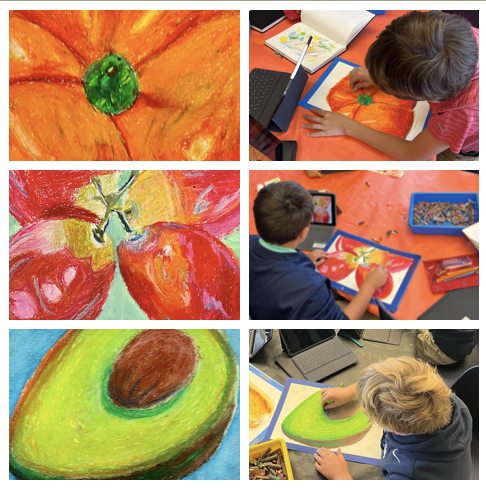UnfinishedEd's tweet photo. 6th-grade student fruit &amp; vegetable drawings: They worked from personal photographs, focusing on lighting, background, &amp; cropping. Then, they had several lessons on oil pastel techniques to create these wonderful #oilpastel drawings. 
@GilmanSchool 
#middleschoolart #arted https://t.co/9eswlbNRO1