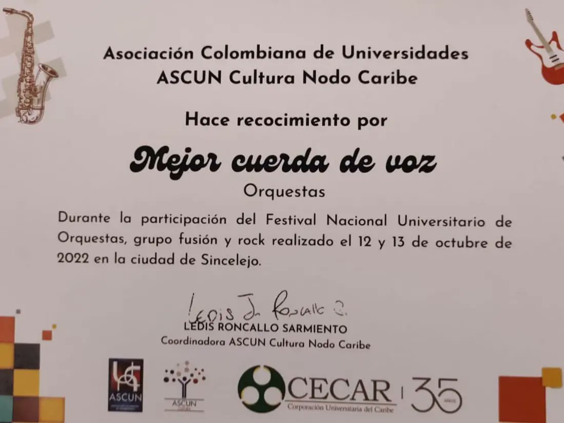 Unicordoba_Col's tweet photo. Así mismo, se obtuvo reconocimiento por Mejor Cuerda de Voz - Orquestas.
Felicidades a nuestros estudiantes por su participacion y representación en este importante certamen, al dejar siempre el nombre de la institución en alto.
#Unicórdoba #AlmaMater
#Sincelejo #CECAR https://t.co/G8s4wyshDm