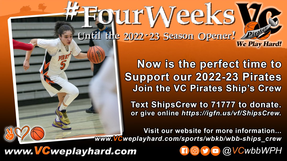 VCwbbWPH's tweet photo. It's just #FourWeeks until our 2022-23 season opener!
Support this year's Pirates and join the VC Pirates Ship’s Crew! Text ShipsCrew to 71777 to donate or give online https://t.co/EDmeyECPtf.
Visit our website for more information, https://t.co/7uMIqaRKbk.
#VCWePlayHard https://t.co/SbTxLpkjXk