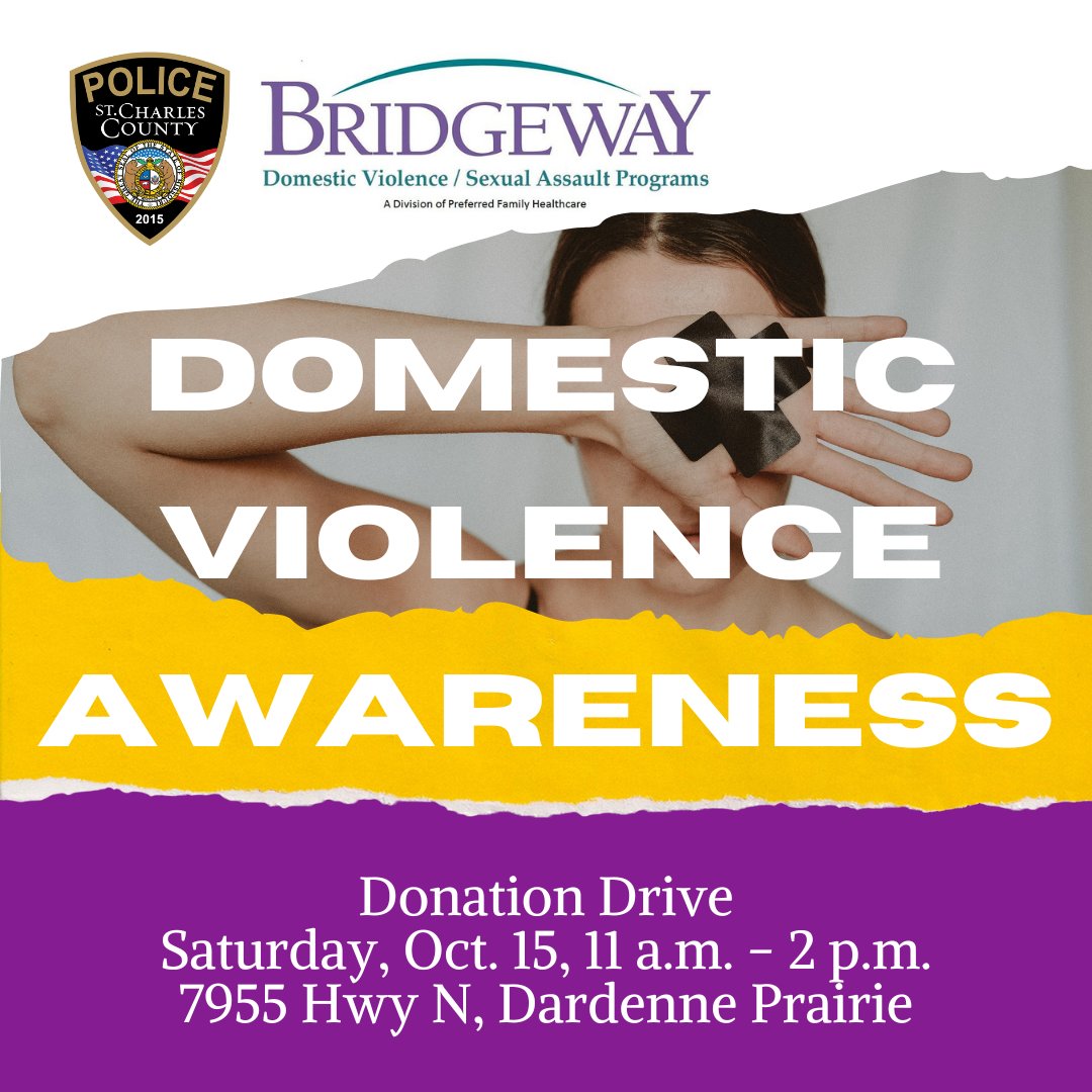 SCCMOPD's tweet photo. The #SCCPD has partnered with Bridgeway’s Domestic Violence Program for a fundraising drive in recognition of Domestic Violence Awareness Month. Join us on Sat., Oct. 15 from 11 a.m. – 2 p.m. at the Target on 7955 Hwy N in Dardenne Prairie. https://t.co/93AyEnB5JU https://t.co/Y1eG6HNVsw