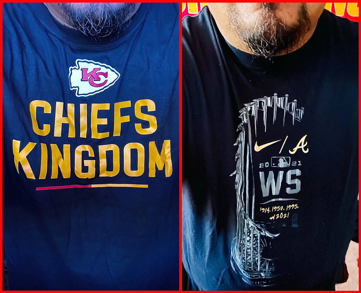 matman72's tweet photo. There’s 2 big games playing this weekend! Got my CHIEFS shirt to wear for Sunday’s game against the Bills &amp; Also gotta wear my BRAVES shirt for today’s game against the Phillies! Game 3 of the NLDS! Series tied 1-1 Let’s go CHIEFS &amp; BRAVES! #chiefskingdom #ForTheA #back2battle https://t.co/nfX0pxPsyG