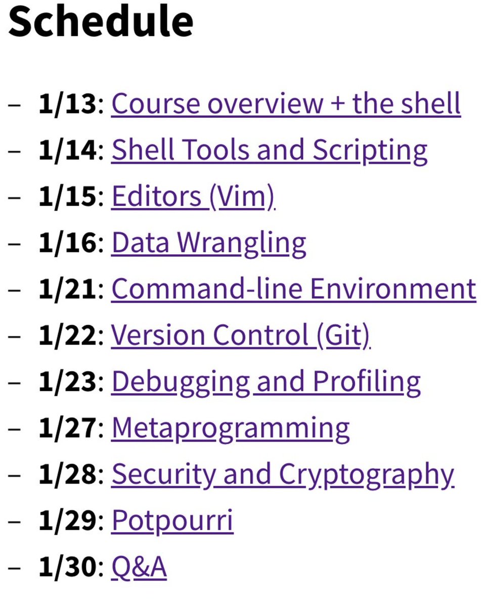 This MIT CS class teaches you things that all the other classes don't teach you, like... 🖥️ Shell tools and scripting 🖥️ Vim 🖥️ Data wrangling 🖥️ Command-line environment 🖥️ Version control Watch all 11 lectures for free here: bit.ly/MissSemester