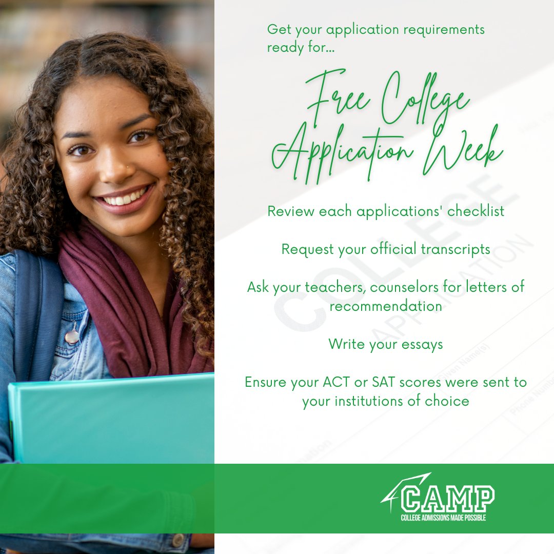 CAMPCollegeAL's tweet photo. Juniors and Seniors, get ready for FREE COLLEGE APPLICATION WEEK beginning Monday, October 17, 2022 through Friday, October 21, 2022. https://t.co/hx1mWSCNyN