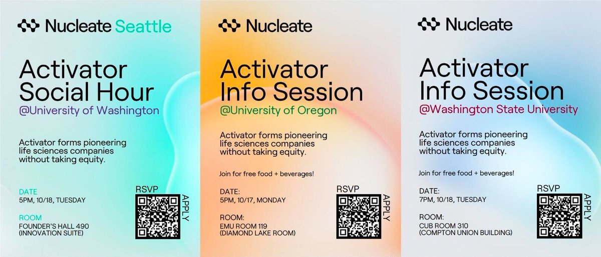 Nucleate Seattle is hosting info sessions & social events at @UW, @uoregon, and @wsu! Join us to learn about the Activator application (due 10/21). linktr.ee/NucleateSeattle