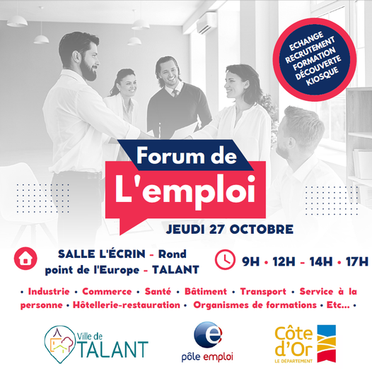 Venez rencontrer plusieurs employeurs lors du Grand Forum multi-secteurs de Talant.
🗓️27 octobre 2022
09h00 – 12h00 / 14h00 – 17h00
Salle L'Écrin – Rond point de l'Europe – Talant
Pour vous inscrire contactez votre conseiller ou envoyez un mail à 050noelle.chapey@pole-emploi.net