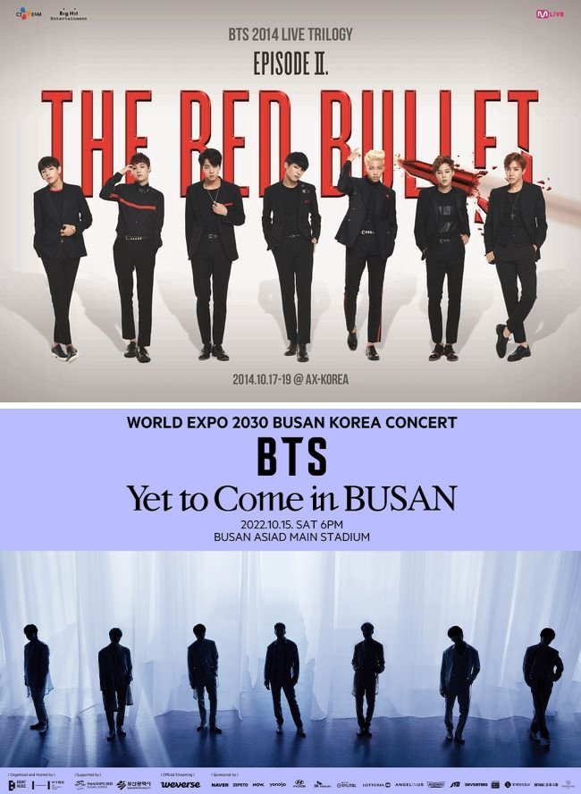 Words can't capture how proud I am of BTS

'The Red Bullet' in Seoul &amp; 'Yet To Come' in Busan: 8 year difference; both held on the 3rd Saturday of October

From 5,000 attendees in 2014
To 50,000 sold tickets + Live Play &amp; Online streaming this 2022

BTS is in a league of its own!