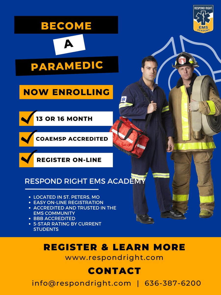respondright's tweet photo. ATTN EMTs: Are you ready to continue your education and become a Paramedic? Now is a great time! Paramedics are in high-demand. Classes are conveniently located in St. Peters, MO. Easy online registration. 
info@respondright.com  636-387-6200
https://t.co/X9lR0HDwXA https://t.co/IbiKIMAdz2