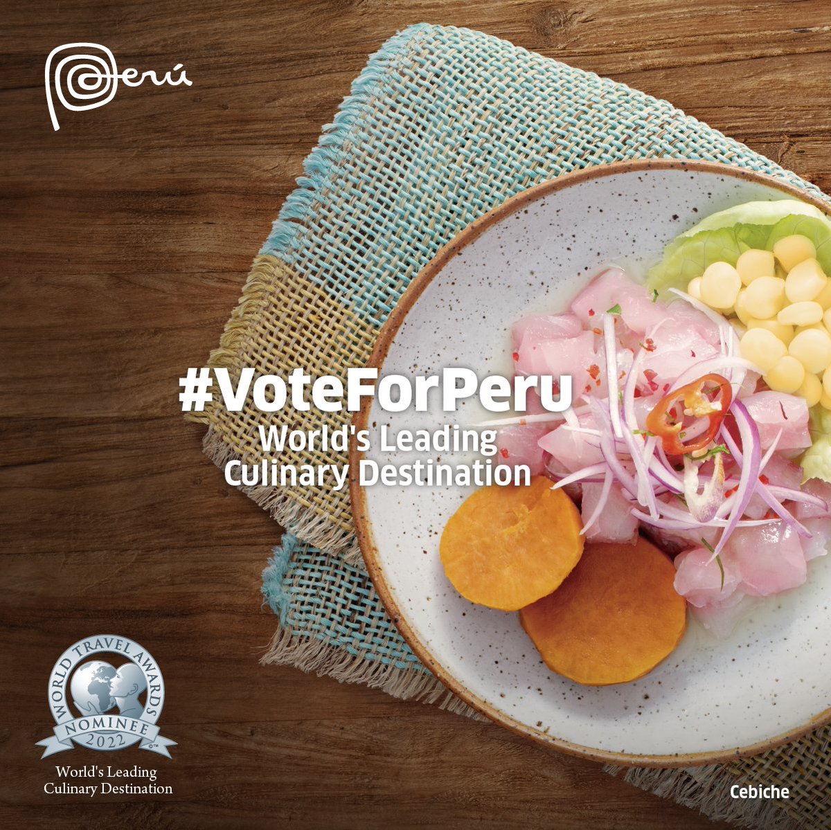 #VoteForPeru 👉 bit.ly/3Q8qBJk
Our country has been nominated as the World’s Leading Culinary Destination in the 29th annual World Travel Awards 2022. Cast your vote and help Peru achieve this important recognition! 🇵🇪

#MarcaPerú #WTA2022