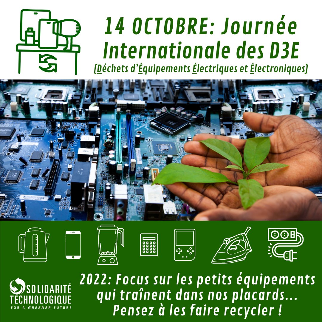 Solid_Techn's tweet photo. 🔌14 octobre: Journée Internationale des Déchets d'Equipements Electriques et Electroniques.
💡Au Cameroun, environ 80 000 t de D3E sont générés chaque année, dont une infime partie est collectée et traitée de manière formelle et écologique. https://t.co/P4h0T87J0c