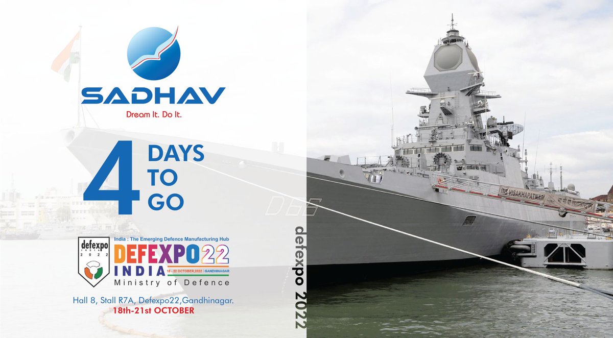 GroupSadhav's tweet photo. 4 DAYS TO GO! 
We are exhibiting at DefExpo22, Gandhinagar. Do visit us!
.
.
.
#defenceexpo #indiannavy #defence #Indiandefence #mariner #topicalspot https://t.co/0zPy4C8KbI