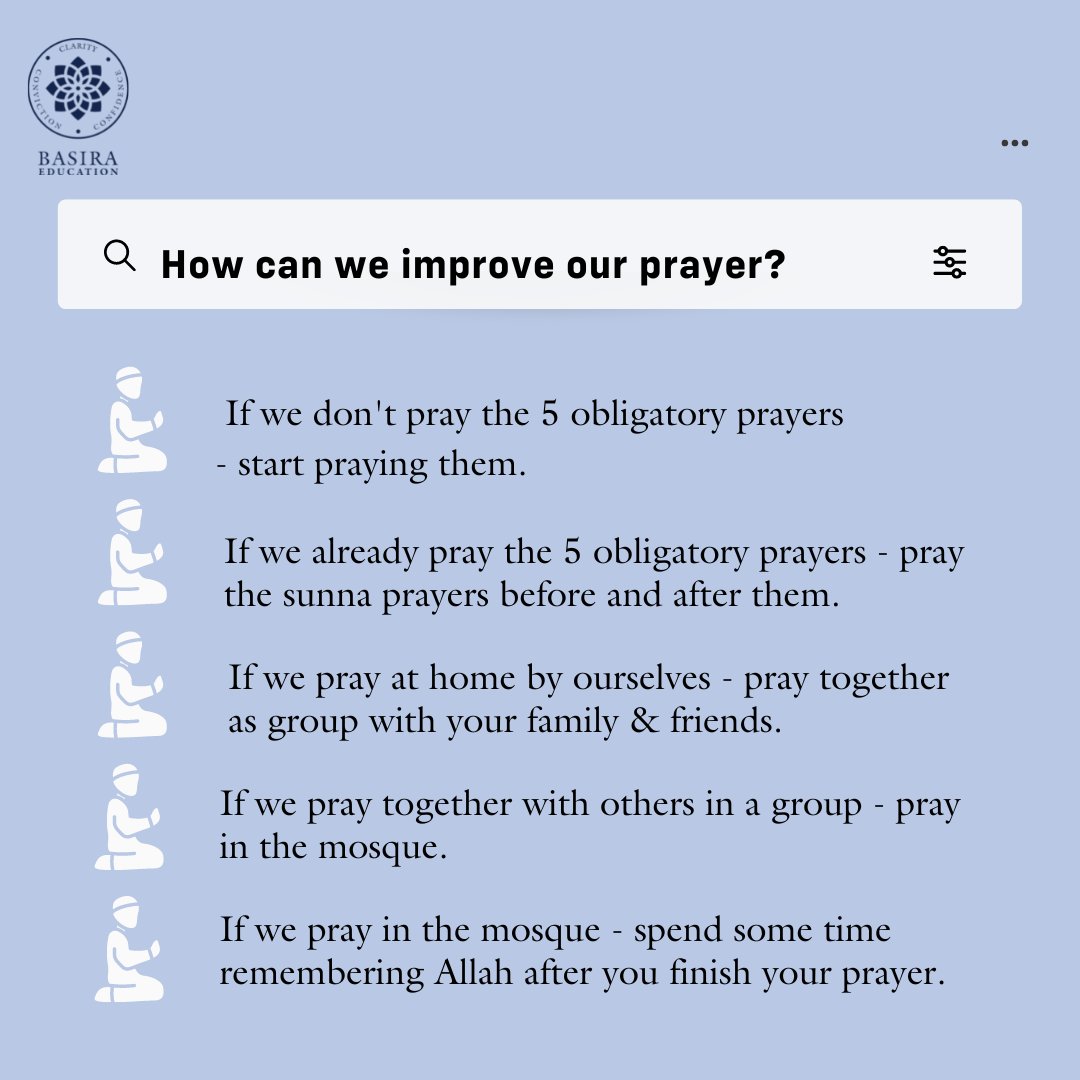 BasiraEducation's tweet photo. A 5-point plan to improve your 5 prayers! Please like and Share.
#salat #iman #dailyislam #IslamicKnowledge #IslamicReminders #IslamicQuotes #muslimtiktok #whyislamistrue #basiraeducation #hamzakaramali https://t.co/TgGqXmGl6n