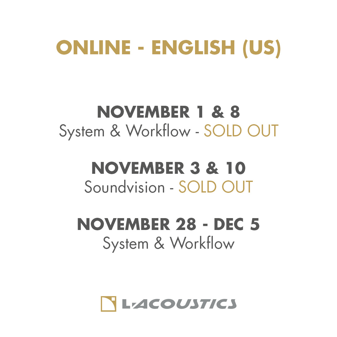 L_ACOUSTICS's tweet photo. October is flying by and we still have spots available on our global selection of online #soundeducation classes! Where can you start your sonic adventure with us? It all starts by taking a look at our new training calendar on the L-Acoustics website here: https://t.co/8zisSnSCkW https://t.co/VWAiPaWnId