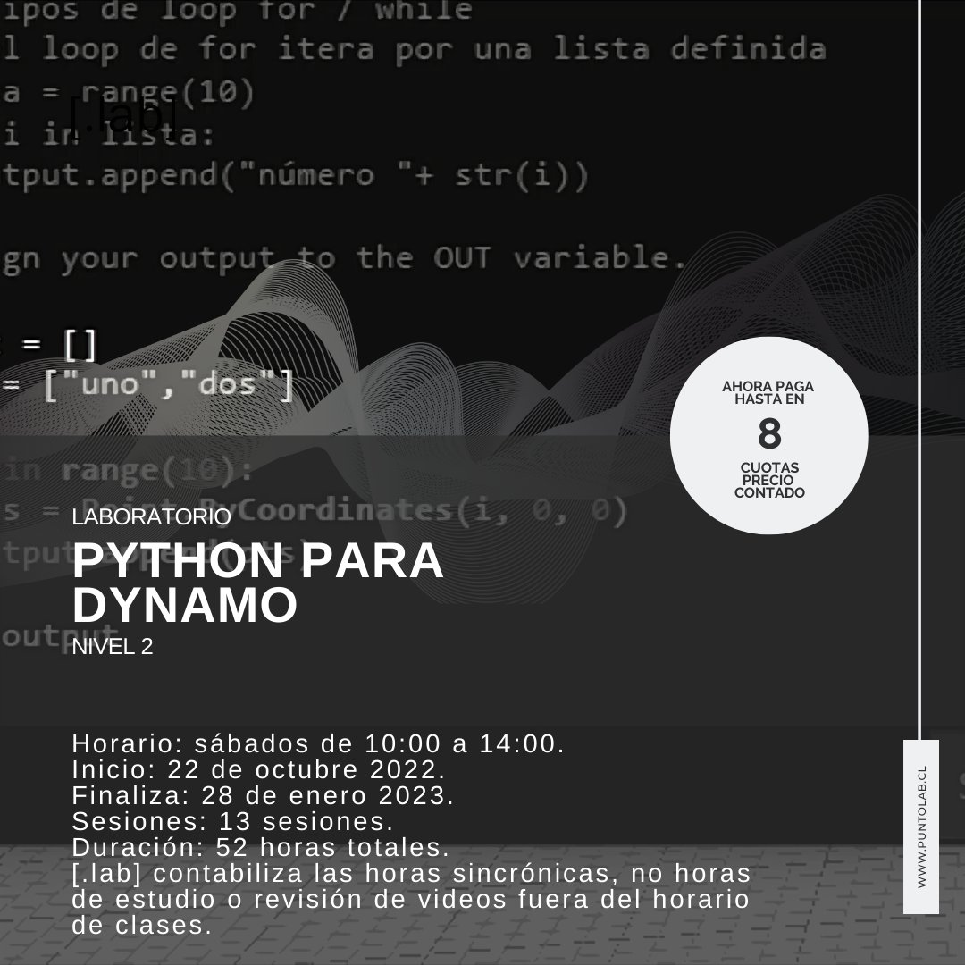 _puntolab_'s tweet photo. [LABORATORIO PYTHON PARA DYNAMO] 🤓💻

¿Cuándo comenzamos?
Horario: sábados de 10:00 a 14:00.
Inicio: 22 de octubre 2022.
Finaliza: 28 de enero 2023.
Sesiones: 13 sesiones.
Duración: 52 horas totales. https://t.co/demZv9ctDj