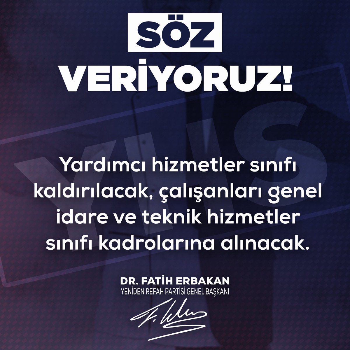 erbakanfatih's tweet photo. Söz Veriyoruz! 

Yardımcı hizmetler sınıfı kaldırılacak, çalışanları genel idare ve teknik hizmetler sınıfı kadrolarına alınacak. https://t.co/Fpn7fclswV