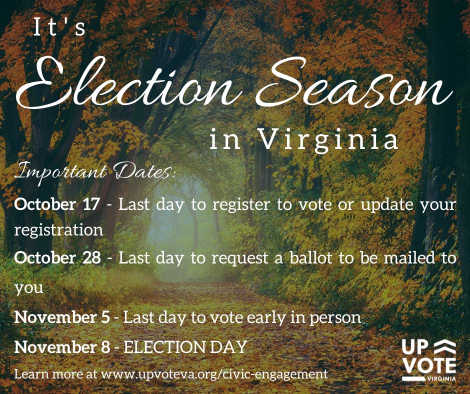 UpVoteVA's tweet photo. Election Day is just 25 days away! Here are some important dates and deadline to watch in Virginia. Visit: https://t.co/azfPKuzXQS. https://t.co/zJ53jFNjxz