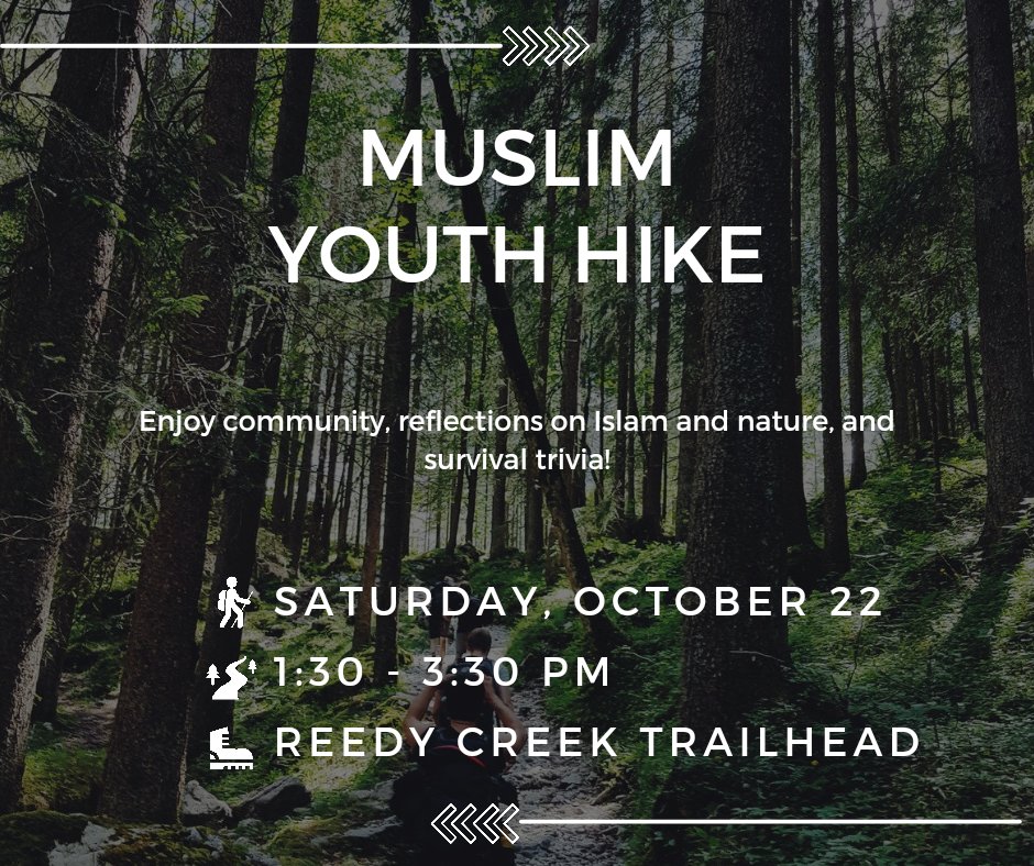 MuslimLifeRVA's tweet photo. Our last hike was rained out but we're going to try it again! Join us on Saturday, October 22 from 1:30 to 3:30 PM at the Reedy Creek Trailhead.

Pray for sunny skies and insha'Allah I'm looking forward to hitting the trails with you all! https://t.co/PmnScpXx5m