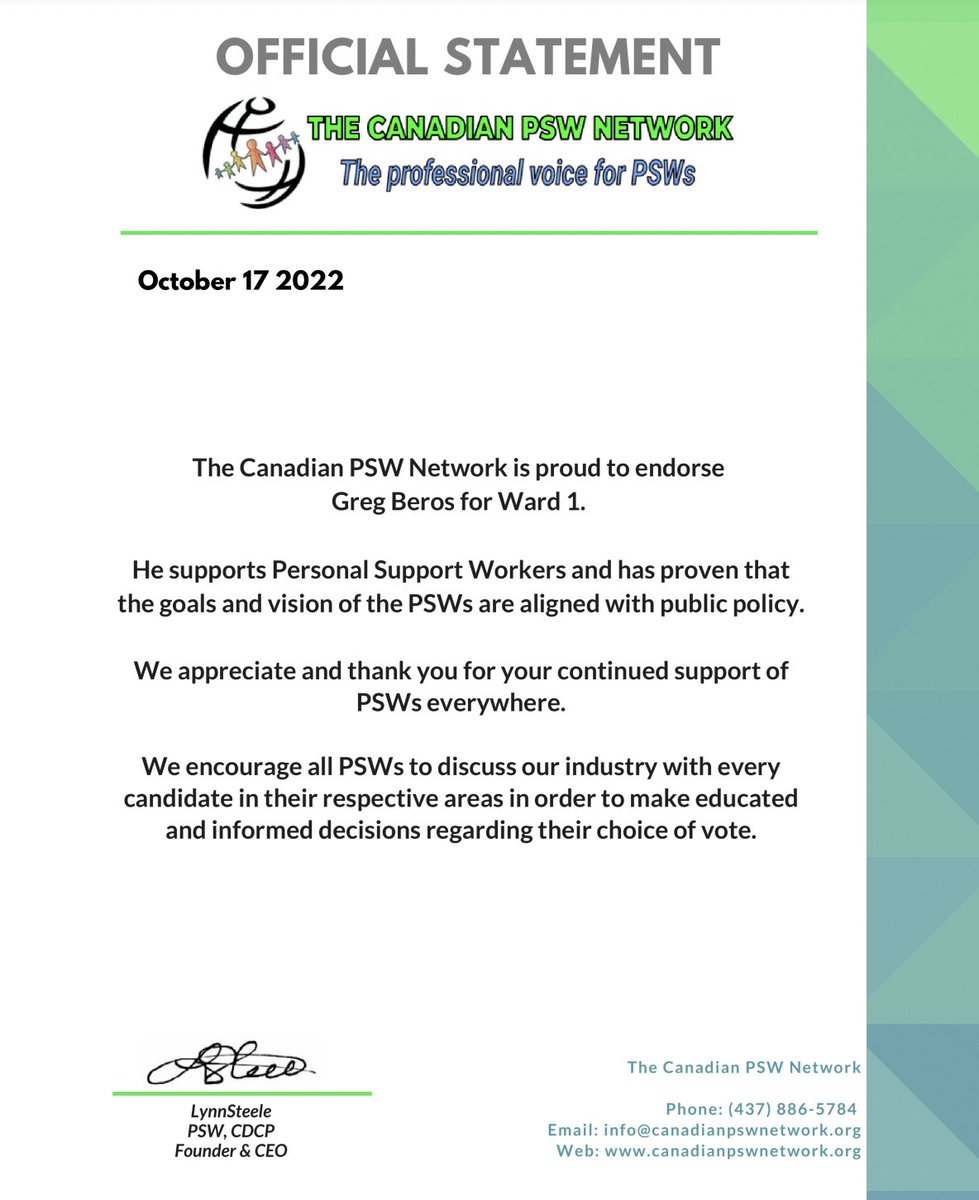 gregberos's tweet photo. Thank you to The Canadian PSW Network for their endorsement and support of my re-election for Ward 1 Oak Ridges Councillor. PSWs serve on the frontlines and care for our loved ones when they need it most. I support our PSWs.

#onpoli #psw https://t.co/5q9zBxoiW9
