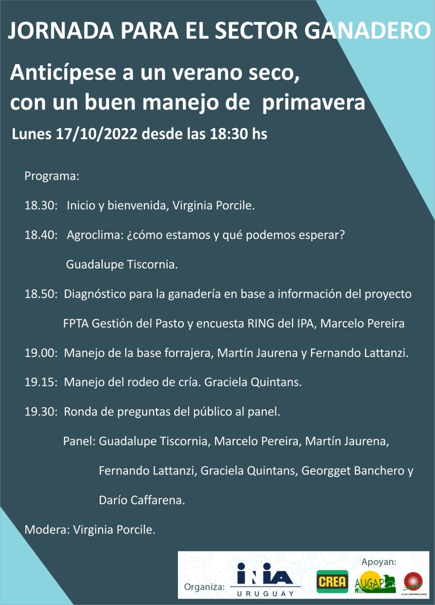 PlanAgro's tweet photo. ¡Próximo lunes!🗓️17/10⏰18:30hs 
Jornada para el sector ganadero "Anticípese a un verano seco con un buen manejo de primavera"

📶Transmisión por Canal de YouTube de @INIA_UY 
▶️ https://t.co/WtPkssDqqc 

@FUCREA @AUGAP_2016 #PlanAgropecuario #Ganadería #Campo https://t.co/M4yj7F41x2
