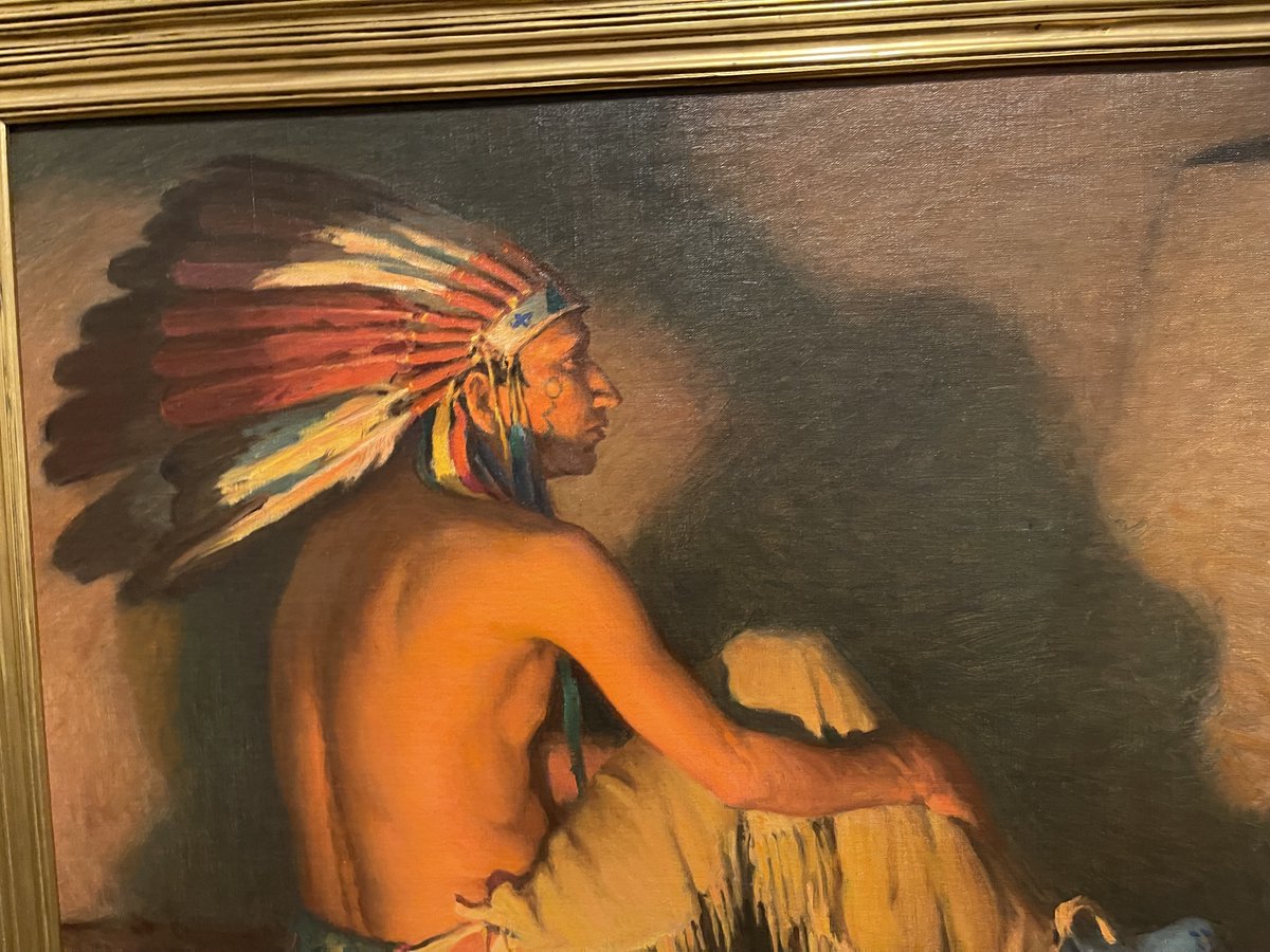 ncwhm's tweet photo. Morning! This is Joseph Henry Sharp's "Hunting Son - Firelight" from 1930. Taos Pueblo Indian John Gomez (Hunting Son) was a favorite model of Sharp's. He is wearing Plains clothing and was the son of Sharp's first model, Soaring Eagle. #HashtagTheCowboy https://t.co/pyI6iZKBGQ