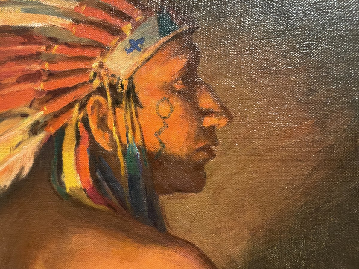 ncwhm's tweet photo. Morning! This is Joseph Henry Sharp's "Hunting Son - Firelight" from 1930. Taos Pueblo Indian John Gomez (Hunting Son) was a favorite model of Sharp's. He is wearing Plains clothing and was the son of Sharp's first model, Soaring Eagle. #HashtagTheCowboy https://t.co/pyI6iZKBGQ