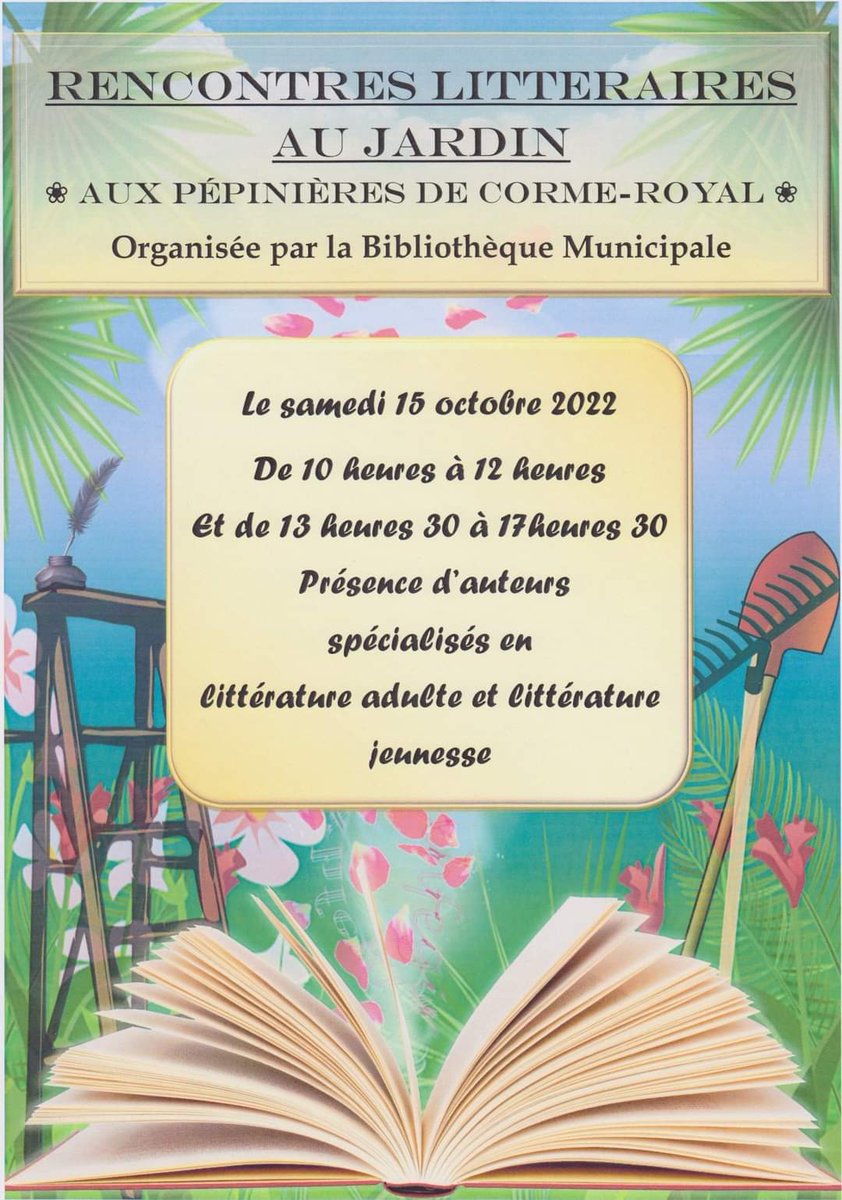 AMP_Editions's tweet photo. Salon du livre de Corme-Royal ce 15 octobre aux pépinières de Corme-Royal.
3 de nos auteurs y seront présents. https://t.co/4YRjJyWXF9