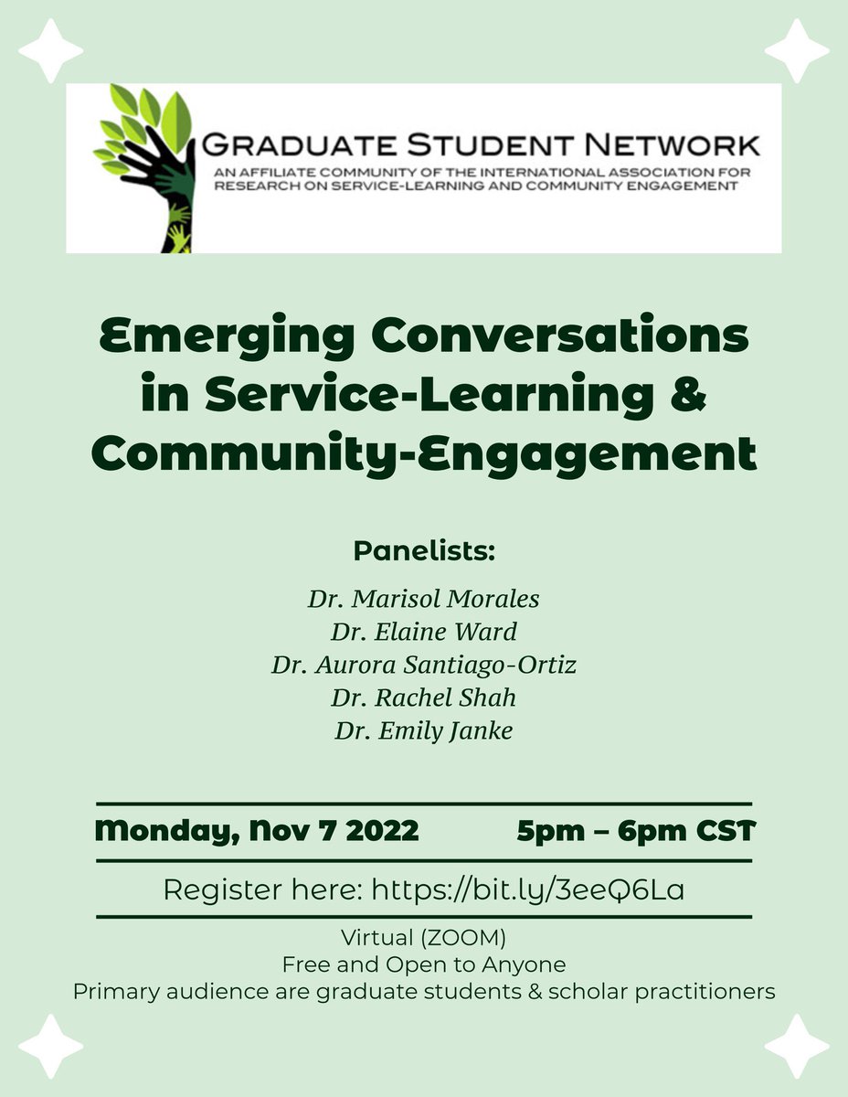 IARSLCEGrad's tweet image. Save the date for the “Emerging Conversations in Service-Learning and Community Engagement” virtual event on Wednesday, November 7, 5:00-6:00 PM Central Time (CST). #servicelearning #communityengagement #engagedresearch Register here: bit.ly/3eeQ6La
