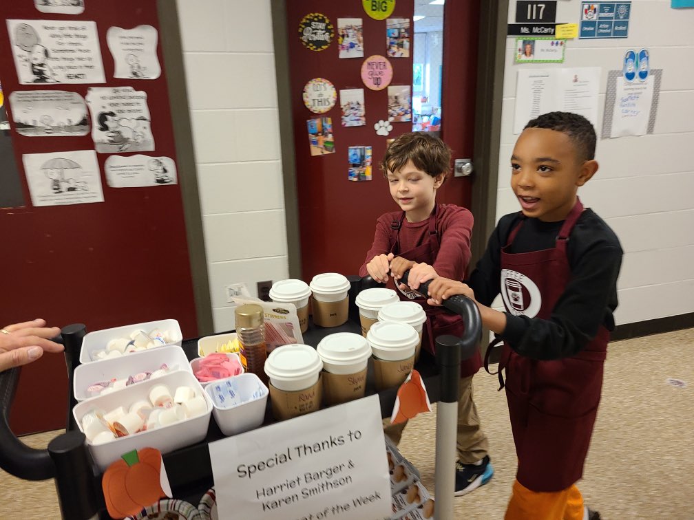 ColpoAmanda's tweet photo. Our Coffee Cart employees at Norton were out making their rounds again today in their brand new aprons! @NortonPrincipal @NortonCougars @JCPS_ECE @JCPSSuper #preparedandresilientlearner #effectivecommunicator #coffeecartfridays https://t.co/xDfaUaejEs