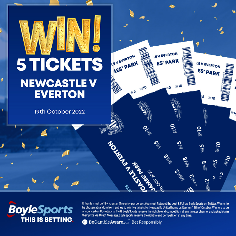 BoyleSports's tweet photo. ⚽ St James' Park has seen 16 goals in five games this season. 

🎟 We're giving away Hospitality tickets for you and four friends for #NUFC vs Everton.

To enter:
🔁 Retweet this post
✅ Follow @BoyleSports

T&amp;Cs apply.