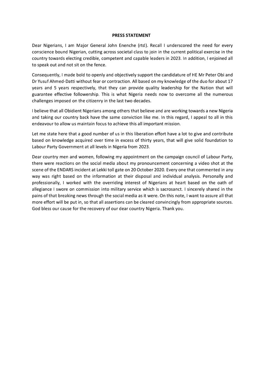 Press statement by Major General John Enenche (rtd)