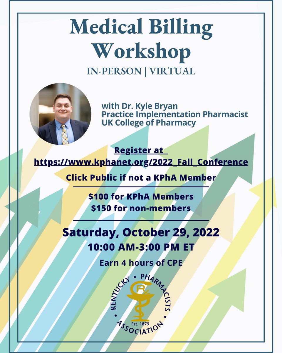KyPharmAssoc's tweet photo. KPhA's Medical Billing Workshop, Sat., Oct. 29, 10 AM-3 PM, in conjunction with our Fall Conference, has a virtual option. Together, we'll go step by step from credentialing through submitting the actual bill for services provided. 
https://t.co/PqpxvfZQ57 https://t.co/ReUGK6Yc1H