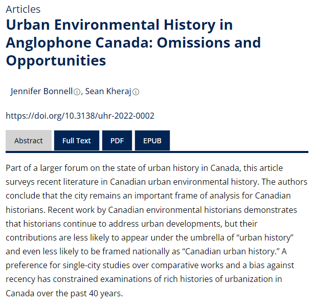 Sean Kheraj (@seankheraj) on Twitter photo New forum article co-authored with <a href="/JennBonnell/">Jennifer Bonnell</a>, "Urban Environmental History in Anglophone Canada: Omissions and Opportunities"
#envhist #cdnhist
doi.org/10.3138/uhr-20… New forum article co-authored with <a href="/JennBonnell/">Jennifer Bonnell</a>, "Urban Environmental History in Anglophone Canada: Omissions and Opportunities"
#envhist #cdnhist
doi.org/10.3138/uhr-20…