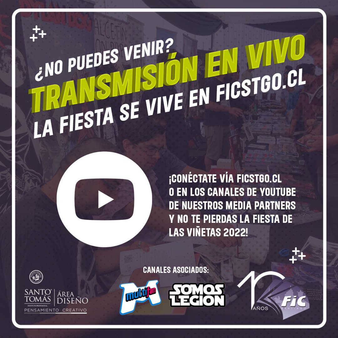 TRANSMISIÓN 💻 | ¡No te quedes fuera! Si no puedes asistir a FIC Santiago, sigue la transmisión a través de ficstgo.cl o los canales de <a href="/multifanchile/">Multifan 🇨🇱</a> y <a href="/VHSgeneracion/">#SomosLegion</a>. ¡Comenzamos hoy a las 20 horas con los Premios FIC! ¡Vive la fiesta de las viñetas también online!